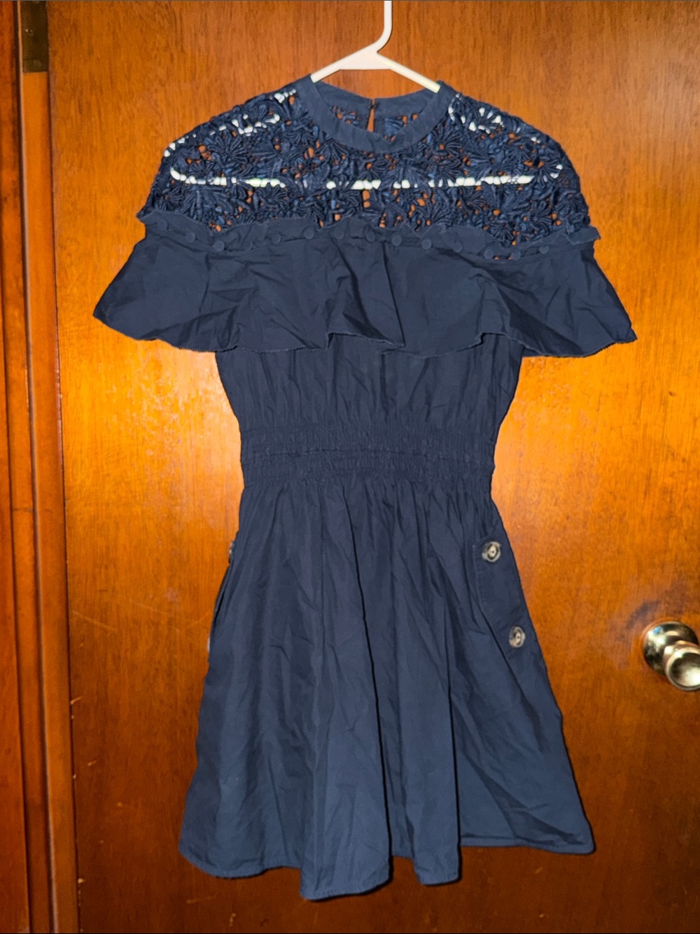 Self-Portrait Navy Blue Lace Yoke Ruffle Mini Dress